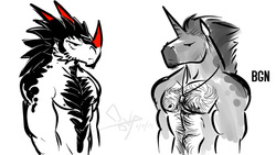 Size: 1024x576 | Tagged: safe, artist:bgn, king sombra, oc, oc:nado, unicorn, anthro, g4, chest hair, duo, duo male, hairy, horns, male, species swap