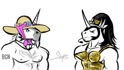 Size: 1024x576 | Tagged: safe, artist:bgn, king sombra, oc, oc:nado, unicorn, anthro, g4, chest hair, clothes, crossdressing, crown, dress, hairy, hat, male, moobs, rocket bra, stupid sexy sombra, sun hat