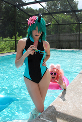 Size: 470x695 | Tagged: safe, artist:amazonmandy, artist:angelsamui, queen chrysalis, oc, oc:fluffle puff, human, g4, clothes, cosplay, irl, irl human, one-piece swimsuit, photo, sunglasses, swimming pool, swimsuit, water