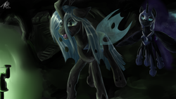 Size: 1920x1080 | Tagged: safe, artist:toisanemoif, nightmare moon, queen chrysalis, alicorn, changeling, changeling queen, pony, g4, crown, ethereal mane, fangs, female, green eyes, helmet, horn, jewelry, regalia, slit pupils, transparent wings, wings