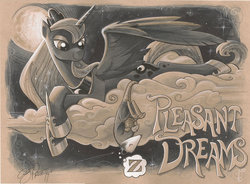 Size: 900x661 | Tagged: safe, artist:andy price, idw, princess luna, tiberius, alicorn, pony, g4, animal, cloud, cloudy, eyes closed, female, hanging, mare, monochrome, moon, night, prone, sleeping, smiling, spread wings, thought bubble, traditional art, upside down, z