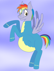 Size: 2000x2600 | Tagged: safe, artist:slimeyjenkins, rainbow blaze, rainbow dash, pegasus, pony, g4, high res, kicking, looking at you, male, male pregnancy, pregnant, rearing, smiling, solo, spread wings, wonderbolts uniform