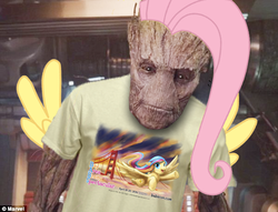 Size: 600x458 | Tagged: safe, fluttershy, oc, oc:golden gates, g4, babscon, babscon mascots, brony, clothes, fluttertree, groot, grootershy, guardians of the galaxy, marvel, pun, shirt, t-shirt, tree, wtf
