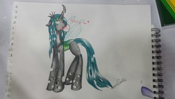 Size: 1280x720 | Tagged: safe, artist:azure-doodle, queen chrysalis, changeling, changeling queen, bronycon, g4, commission, drinking, eating, female, heart, love, photo, solo, traditional art