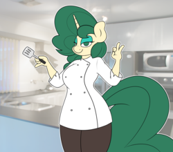 Size: 2868x2520 | Tagged: safe, artist:stunnerpone, oc, oc only, oc:celery, unicorn, anthro, anthro oc, chef, high res, kitchen, solo, spatula