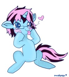 Size: 845x945 | Tagged: safe, artist:moekonya, oc, oc only, oc:wind art, pony, unicorn, :p, cute, glasses, heart, heart eyes, puffy cheeks, simple background, sitting, smiling, solo, tongue out, transparent background, vector, wingding eyes