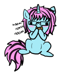 Size: 466x530 | Tagged: safe, artist:moekonya, oc, oc only, oc:wind art, pony, unicorn, blushing, chibi, cookie, cute, derp, eating, glasses, nom, simple background, sitting, smiling, solo, transparent background