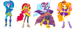 Size: 1562x634 | Tagged: safe, edit, adagio dazzle, dj pon-3, sunset shimmer, trixie, vinyl scratch, equestria girls, g4, my little pony equestria girls: rainbow rocks, bedroom eyes, box art, clothes, dress, hat, looking at you, microphone, rainbow rocks outfit, simple background, smiling, transparent background, vector, wizard hat