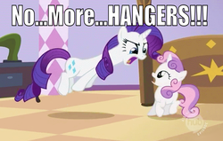 Size: 670x425 | Tagged: safe, edit, edited screencap, screencap, rarity, sweetie belle, pony, unicorn, g4, caption, eye contact, female, filly, fridge horror, image macro, implications, jumping, mare, meme, mommy dearest, open mouth, wide eyes, yelling