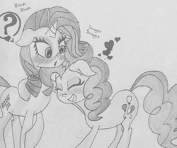 Size: 1847x1543 | Tagged: artist needed, source needed, safe, pinkie pie, rarity, g4, :o, blushing, cute, eyes closed, female, floppy ears, grin, heart, hug, lesbian, monochrome, nuzzling, question mark, ship:raripie, shipping, smiling, snuggling, traditional art, wide eyes