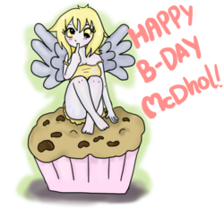 Size: 924x864 | Tagged: safe, artist:moekonya, derpy hooves, human, g4, birthday, female, humanized, muffin, solo