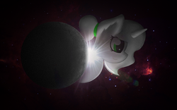 Size: 1280x800 | Tagged: safe, artist:marsminer, oc, oc:mercury, pony, unicorn, bust, desktop background, female, green eyes, horn, mare, mercury (planet), planet, ponytail, solo, space, unicorn oc, wallpaper, white coat, white fur, white hair, white mane