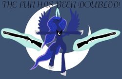 Size: 1150x750 | Tagged: safe, artist:vansmidt, derpibooru exclusive, princess luna, g4, eyes closed, female, flying, funny, gun, magic, moon, nightmare night, open mouth, pointing, shotgun, smiling, solo, spread wings, telekinesis, the fun has been doubled, wallpaper, weapon