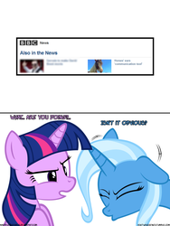 Size: 1050x1400 | Tagged: safe, artist:navitaserussirus, trixie, twilight sparkle, genie, horse, asktwixiegenies, g4, bbc, bbc news, ears, female, flapping, horses doing horse things, lesbian, news, ship:twixie, shipping