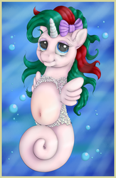 Size: 2400x3675 | Tagged: safe, artist:ratwhiskers, gusty, sea pony, g1, belly button, bow, female, high res, race swap, solo, underwater