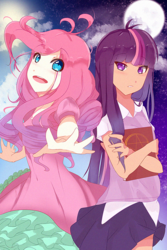 Size: 600x900 | Tagged: safe, artist:revereiia, pinkie pie, twilight sparkle, human, g4, belly button, humanized, pixiv