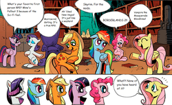 Size: 800x490 | Tagged: safe, idw, applejack, fluttershy, pinkie pie, rainbow dash, rarity, twilight sparkle, alicorn, pony, g4, borderlands 2, exploitable meme, fallout 3, fallout: new vegas, female, image macro, mane 6 interests, mane six, mare, meme, morrowind, skyrim, the elder scrolls, twilight sparkle (alicorn), vampire the masquerade, video game, world of darkness