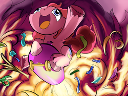 Size: 4000x3000 | Tagged: safe, artist:wadusher0, pinkie pie, g4, confetti, explosion, female, party cannon, rocket jump, solo, unshorn fetlocks