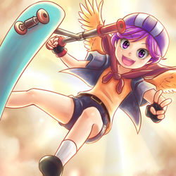 Size: 1000x1000 | Tagged: safe, artist:ninjaham, scootaloo, human, g4, awesome, cape, clothes, cmc cape, female, helmet, humanized, peace sign, scooter, shorts, solo, winged humanization