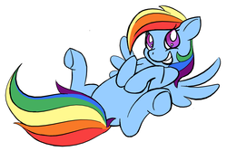 Size: 963x643 | Tagged: safe, artist:moongazeponies, rainbow dash, g4, belly, bellyrubs, cute, dashabetes, female, grin, legs in air, looking at you, on back, smiling, solo, spread legs, spread wings, squee, underhoof