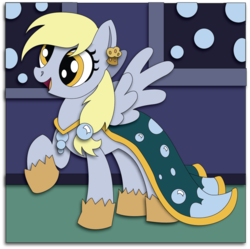 Size: 900x896 | Tagged: safe, artist:the-paper-pony, derpy hooves, pegasus, pony, g4, clothes, dress, female, gala dress, mare, muffin, raised hoof, smiling, solo