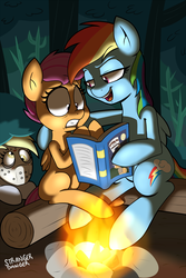 Size: 1280x1920 | Tagged: safe, artist:strangerdanger, daring do, derpy hooves, rainbow dash, scootaloo, pegasus, pony, g4, book, campfire, female, friday the 13th, hockey mask, jason voorhees, log, mare, mask, night, prank, rapeface, scared, this will end in tears