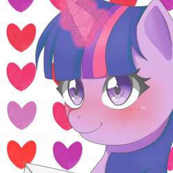 Size: 850x850 | Tagged: safe, artist:cl, twilight sparkle, g4, blushing, cute, female, heart, letter, magic, pixiv, solo, twiabetes