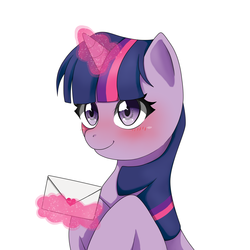 Size: 1420x1420 | Tagged: safe, artist:cl, twilight sparkle, g4, blushing, cute, female, letter, magic, pixiv, solo, telekinesis, twiabetes