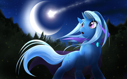 Size: 3000x1875 | Tagged: safe, artist:malifikyse, trixie, pony, unicorn, g4, female, hatless, mare, missing accessory, moon, night, shooting star, solo