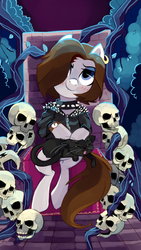 Size: 540x960 | Tagged: safe, artist:pepooni, oc, oc only, oc:bee chalke, cat, pony, blushing, choker, ear piercing, earring, female, lidded eyes, looking at you, mare, petting, piercing, sitting, skull, smiling, solo, spiked choker, throne, watch