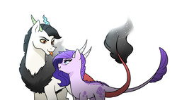 Size: 3000x1700 | Tagged: safe, artist:kianamai, oc, oc only, oc:crystal clarity, oc:prince illusion, dracony, hybrid, kilalaverse, female, interspecies offspring, male, next generation, oc x oc, offspring, offspring shipping, parent:discord, parent:princess celestia, parent:rarity, parent:spike, parents:dislestia, parents:sparity, shipping, simple background, straight, tongue out, white background