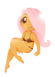 Size: 577x800 | Tagged: safe, artist:scheadar, fluttershy, human, g4, barefoot, bikini, cleavage, clothes, feet, female, hair over one eye, humanized, looking at you, simple background, smiling, solo, swimsuit, white background