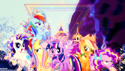 Size: 1920x1080 | Tagged: safe, artist:benybing, artist:illumnious, applejack, fluttershy, pinkie pie, rainbow dash, rarity, twilight sparkle, alicorn, pony, g4, canterlot, female, mane six, mare, rainbow power, twilight sparkle (alicorn), vector, wallpaper