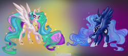 Size: 1196x525 | Tagged: dead source, safe, artist:dreambakermod, artist:egophiliac, princess celestia, princess luna, g4, bedroom eyes, jewelry, looking at you, raised hoof, smiling, spread wings