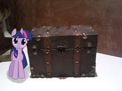 Size: 2592x1944 | Tagged: safe, artist:kittyhawk-contrail, artist:tokkazutara1164, twilight sparkle, g4, hugpony poses, irl, photo, ponies in real life, size comparison, solo, treasure chest, vector
