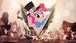 Size: 2560x1440 | Tagged: safe, artist:rdbrony16, artist:the-crusius, pinkie pie, earth pony, pony, g4, bubble, female, hat, mare, ponyville, solo, sugarcube corner, top hat, vector, wallpaper