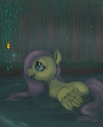 Size: 973x1200 | Tagged: safe, artist:xiao668, fluttershy, butterfly, pegasus, pony, g4, female, forest, glowing, looking at something, looking up, mare, missing cutie mark, outdoors, partially open wings, partially submerged, pegaduck, profile, smiling, solo, swamp, water, wings