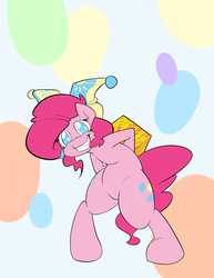 Size: 2587x3348 | Tagged: safe, artist:graphic-lee, pinkie pie, earth pony, pony, g4, bipedal, both cutie marks, fantasy class, female, grin, hat, jester, jester hat, jester pie, looking at you, mare, solo
