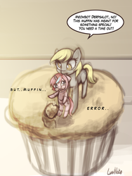 Size: 720x960 | Tagged: safe, artist:lumineko, derpy hooves, oc, pegasus, pony, robot, g4, eating, female, mare, micro, muffin, speech bubble