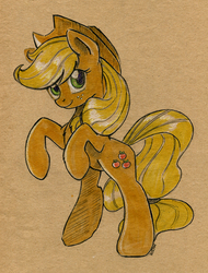 Size: 700x919 | Tagged: safe, artist:maytee, applejack, g4, female, looking at you, rearing, smiling, solo, traditional art