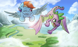Size: 1500x917 | Tagged: safe, artist:darksittich, rainbow dash, spike, dragon, pegasus, pony, g4, female, flying, male, older, one eye closed, ship:rainbowspike, shipping, spike can fly, straight, winged spike, wings, wink