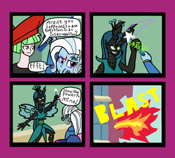 Size: 1338x1208 | Tagged: safe, artist:oneovertwo, drama letter, queen chrysalis, trixie, watermelody, comic:trixie enemy of, comic:trixie enemy of a rare situation, equestria girls, g4, background human, comic, explosion, fire, wand