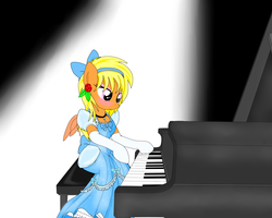 Size: 3500x2800 | Tagged: safe, artist:avchonline, oc, oc only, oc:sean, pegasus, semi-anthro, bow, cinderella, clothes, crossdressing, dress, earring, gloves, headband, high res, makeup, musical instrument, petticoat, piano, solo