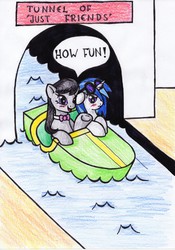 Size: 4899x7008 | Tagged: safe, artist:warumono1989, dj pon-3, octavia melody, vinyl scratch, earth pony, pony, unicorn, g4, absurd resolution, annoyed, blushing, boat, duo, female, friendzone, riding, shipping denied, traditional art, tunnel, tunnel of love, unamused, vinyl scratch is not amused