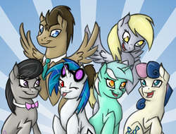 Size: 263x200 | Tagged: safe, artist:celestial-dragoness, bon bon, derpy hooves, dj pon-3, doctor whooves, lyra heartstrings, octavia melody, sweetie drops, time turner, vinyl scratch, earth pony, pegasus, pony, unicorn, g4, alternate mane six, background pony, background six, lowres, wings