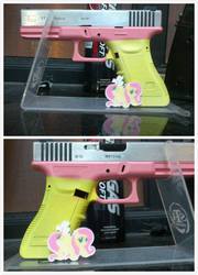 Size: 517x720 | Tagged: safe, fluttershy, g4, airsoft, glock, gun, my little arsenal, pistol