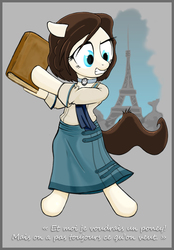 Size: 592x850 | Tagged: safe, artist:fidzfox, pony, bioshock, bioshock infinite, bipedal, book, clothes, eiffel tower, elizabeth, french, gritted teeth, ponified, solo, teeth, translated in the comments