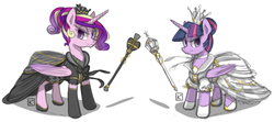 Size: 800x356 | Tagged: safe, artist:radioactive-k, princess cadance, twilight sparkle, alicorn, pony, g4, alternate hairstyle, chess, clothes, costume, crown, dress, duo, female, frown, glare, looking at you, mare, queen, scepter, smiling, smirk, twilight sparkle (alicorn)