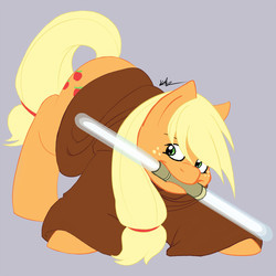 Size: 800x800 | Tagged: safe, artist:katsaurs, applejack, earth pony, pony, g4, clothes, crouching, double lightsaber, female, gray background, hatless, jedi, lightsaber, mare, missing accessory, mouth hold, robe, robes, simple background, solo, star wars, weapon