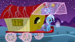 Size: 3000x1687 | Tagged: safe, artist:darkwolfmx, trixie, pony, unicorn, g4, coffee, female, magic, mare, night, sitting, solo, trixie's wagon